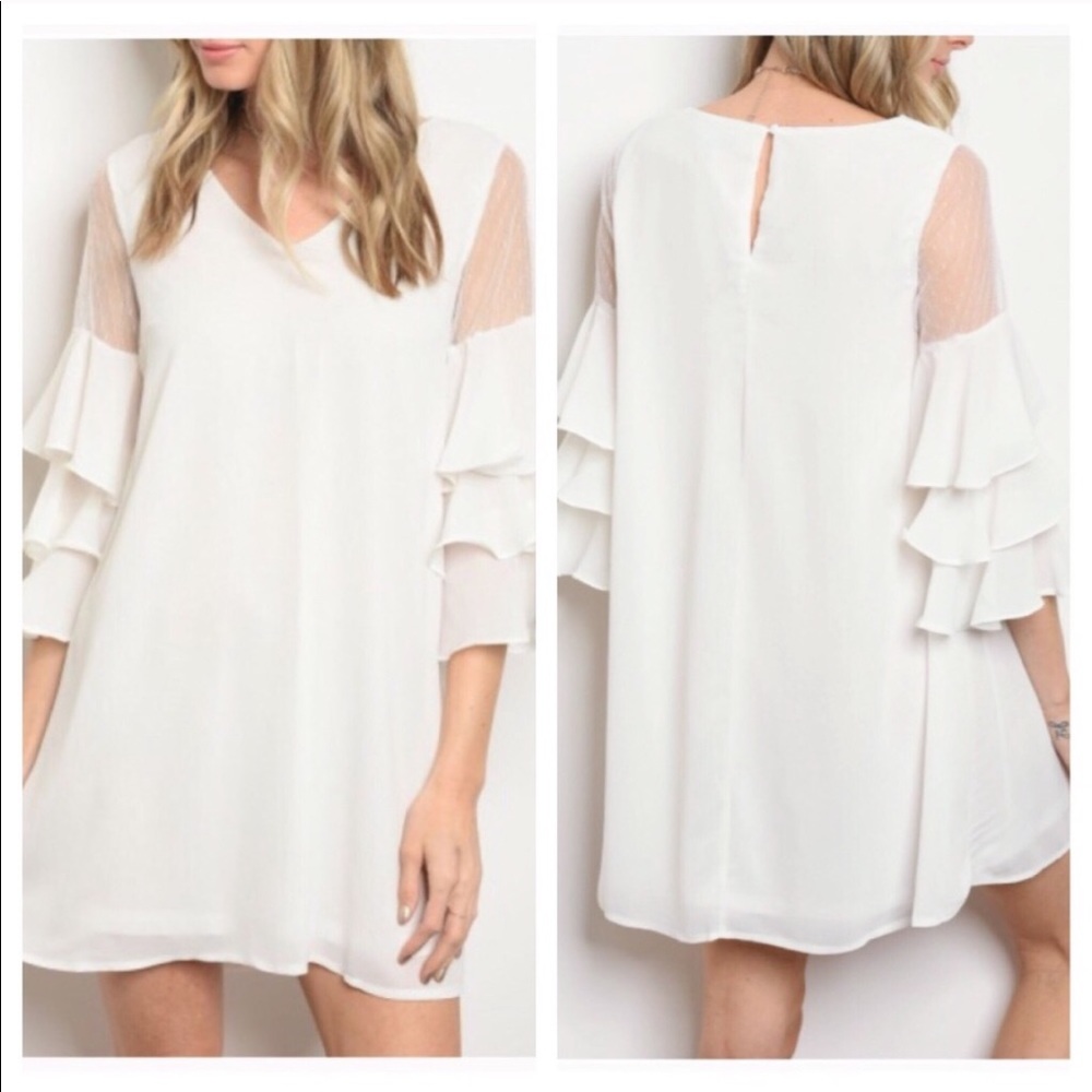 Ivory Sheer Shoulder Ruffle Swing Dress - Picture 2 of 5